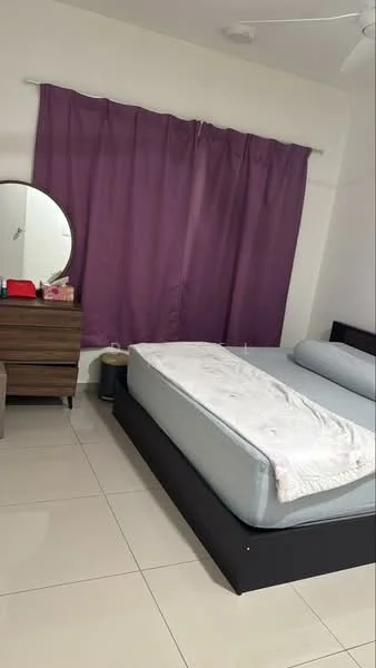 Bedroom features: queen-size bed, upholstered headboard, purple curtains, round mirror, wooden dresser, tile flooring, ceiling fan, bedside table, blanket on bed; style: modern.