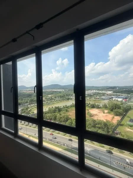 Room features: floor-to-ceiling windows, black window frames, mountain view, city view, natural light, curtains, window treatments; view: mountain.