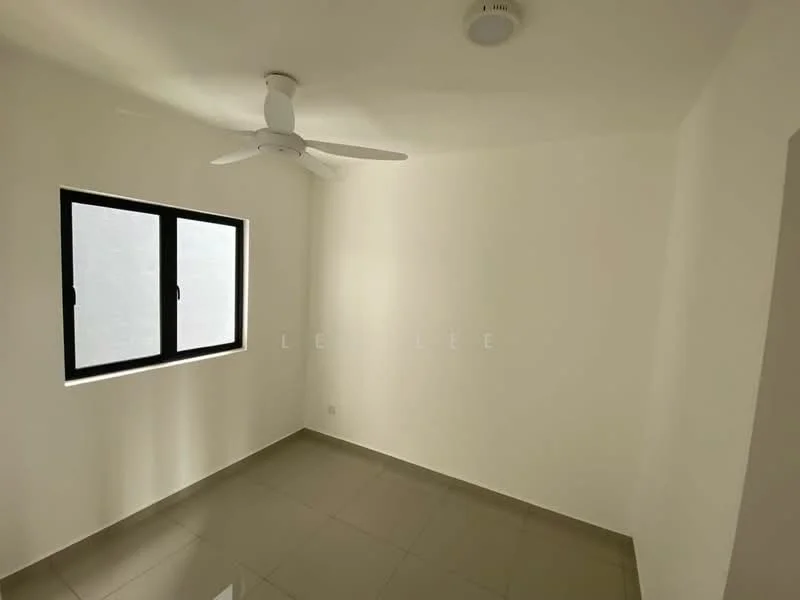 Room features: white painted walls, grey tiled flooring, ceiling fan, single window, natural light.