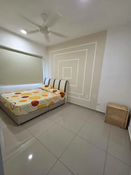 Bedroom features: queen-size bed with patterned bedding, light-colored walls with geometric design, white ceiling with recessed lighting, ceiling fan, large window with roller blinds, glossy tile flooring, woven storage basket, minimalist decor; style: modern.