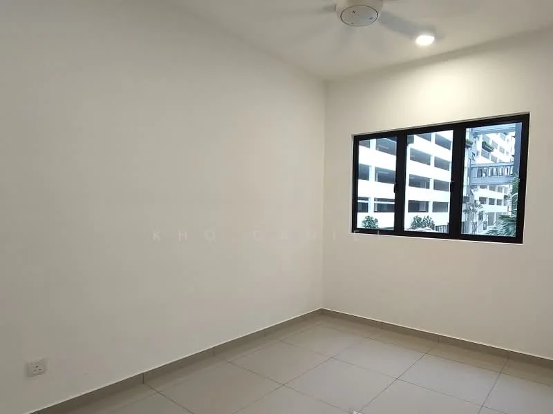 Room features: white painted walls, grey tiled flooring, floor-to-ceiling window, ceiling fan, natural light from window.