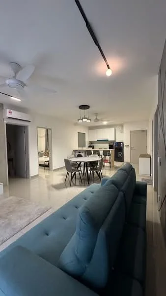 Living features: 3-seater fabric sofa in teal, area rug, ceiling fan, recessed downlights, wall-mounted air conditioning unit, open-plan layout, tile flooring, wall with decorative paneling; style: modern. Dining features: 6-seater dining table, upholstered dining chairs, pendant light fixture, kitchen area visible in background; style: modern.