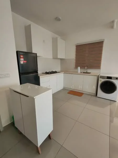 Kitchen features: white cabinetry, black fridge, gas cooktop with 4 burners, stainless-steel sink, chrome faucet, white countertop, tile backsplash, grey tile flooring, washing machine, roller blinds on window, wooden cutting board, kitchen island with storage; style: modern.