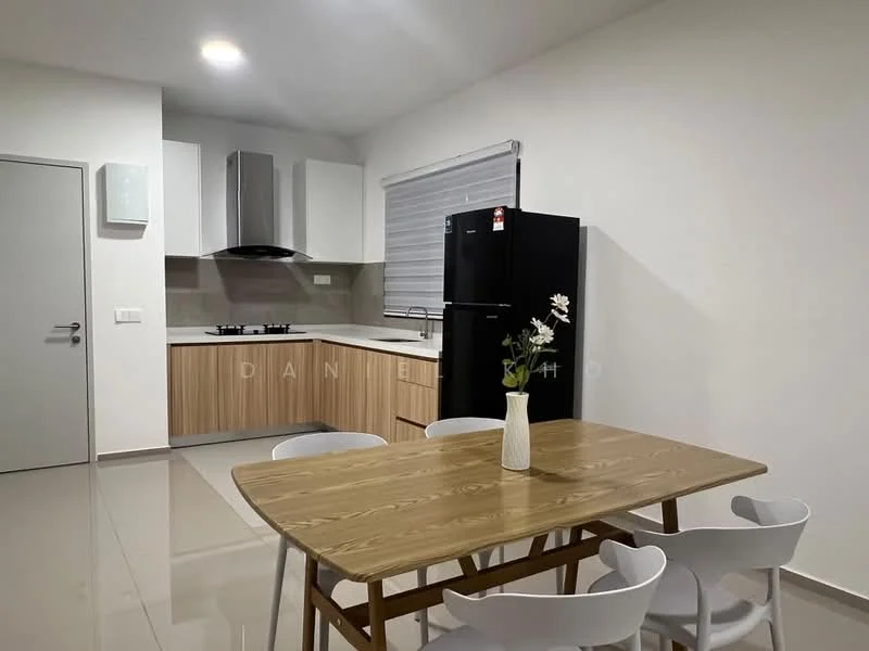 Kitchen features: white cabinets, wooden cabinetry, stainless-steel range hood, built-in oven, black refrigerator, grey countertop, ceramic tile flooring, window with roller blinds, dining table with wooden surface, four white dining chairs; style: modern.
