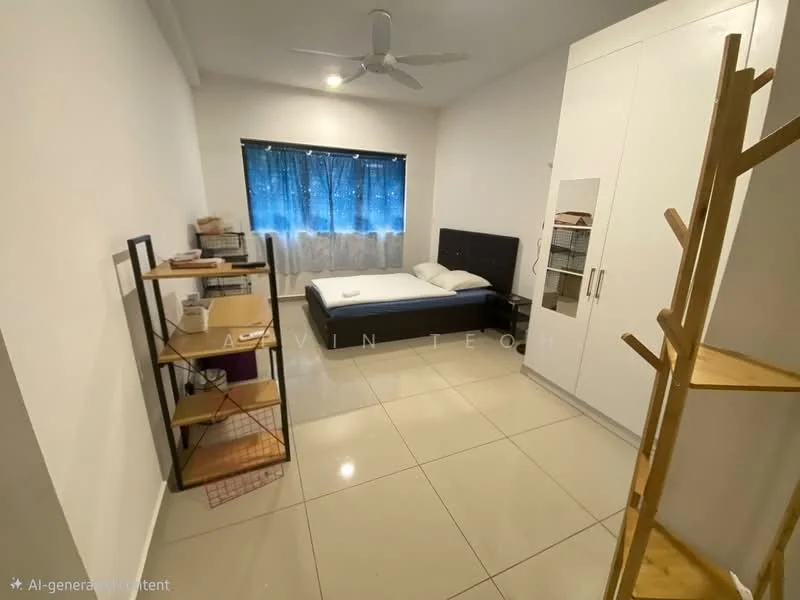 Bedroom features: queen-size bed, upholstered headboard, white bedding, floor-to-ceiling window, blackout curtains, ceiling fan, white painted walls, glossy tile flooring, built-in wardrobe with sliding doors, open shelving unit, study desk, chair; style: modern.