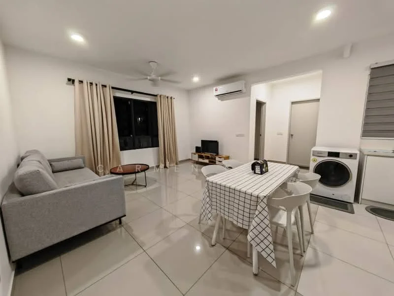 Living features: grey fabric sofa, round coffee table, 6-seater dining table with checkered tablecloth, white dining chairs, wall-mounted TV, TV console, 1 wall-mounted split AC, ceiling fan, white painted walls, tile flooring, curtains, washing machine; style: modern.