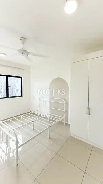 Bedroom features: white painted walls, ceiling fan, floor-to-ceiling window, white built-in wardrobe, tile flooring, arched entryway, neutral color scheme, natural light; style: modern; view: city.