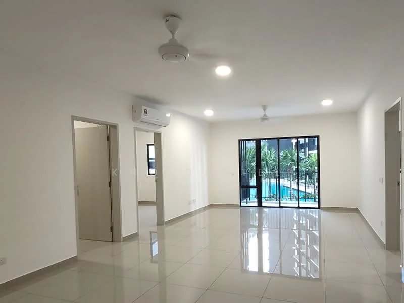 Living features: white painted walls, glossy ceramic tile flooring, 5-blade ceiling fan with light, 2 ceiling lights, wall-mounted split AC, floor-to-ceiling windows, sliding glass door, view of swimming pool and greenery; style: modern; view: pool.