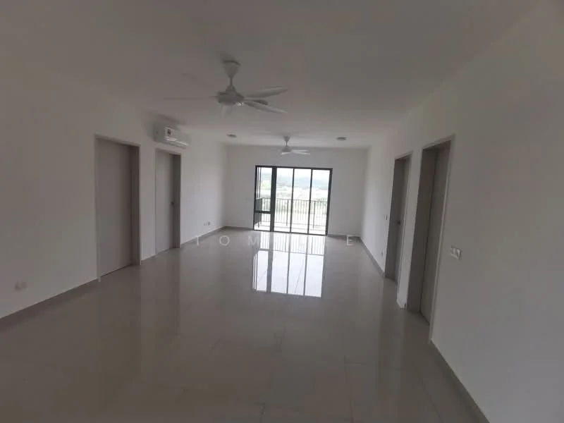 Living features: white painted walls, polished ceramic tile flooring, 2 ceiling fans, floor-to-ceiling sliding glass door, window with view, recessed downlights, neutral color scheme, open layout; style: modern; view: city.