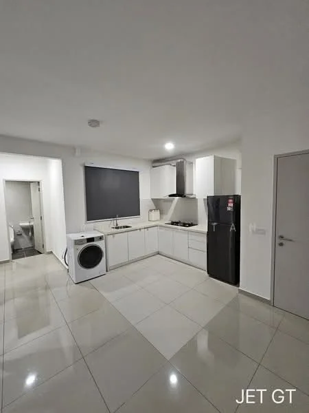 Kitchen features: white cabinetry, stainless-steel sink, chrome pull-down faucet, built-in oven, 4-burner gas hob, stainless-steel range hood, black refrigerator, front-load washing machine, ceramic tile flooring, recessed downlights, grey roller blinds, white walls, open layout; style: modern.
