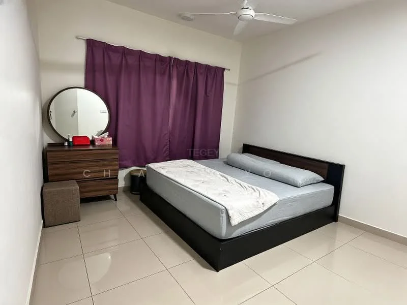 Bedroom features: queen-size bed, upholstered headboard, wooden bed frame, white bedding, wooden dresser, round mirror, purple curtains, tiled flooring, ceiling fan; style: modern.
