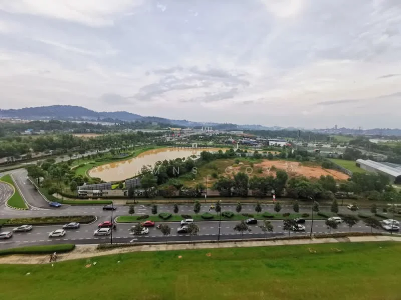 Exterior features: landscape garden, manicured lawn, pond, surrounding greenery, roadway, vehicles on road, hills in background, cloudy sky.