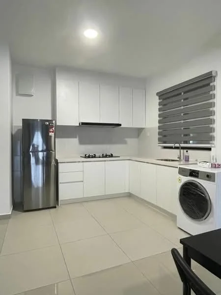Kitchen features: white cabinetry, stainless-steel fridge, built-in oven, 4-burner gas hob, black exhaust hood, single-bowl stainless-steel sink, chrome pull-down faucet, grey roller blinds, ceramic tile flooring, white walls, recessed downlights, washing machine; style: modern.