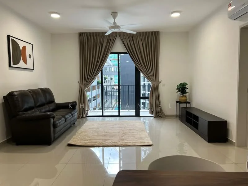 Living features: 3-seater leather sofa in dark brown, area rug with neutral color, TV console in dark wood, floor-to-ceiling windows, sliding glass door, curtains in beige, recessed downlights, wall-mounted air conditioning unit, glossy tile flooring, decorative wall art; style: modern; view: city.