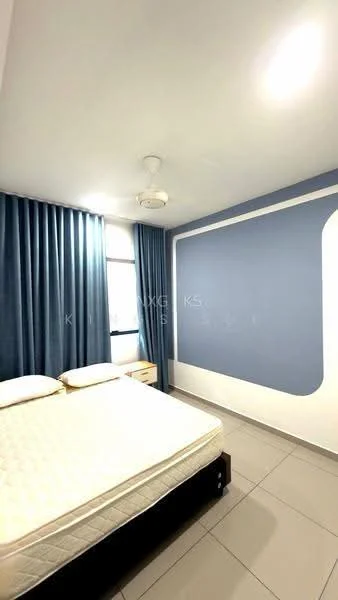 Bedroom features: queen-size bed, light blue accent wall, white painted walls, floor-to-ceiling window, blue curtains, ceiling fan, tile flooring, nightstand; style: modern.