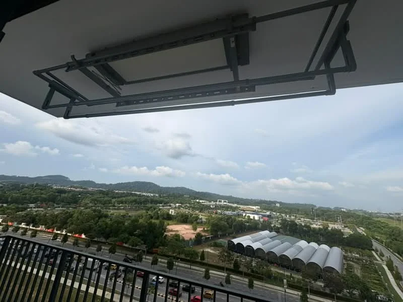 Room features: balcony with railing, mountain view, city view, outdoor ceiling fan, sliding glass door, concrete flooring, overhead awning; style: modern; view: mountain.
