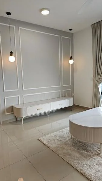 Living features: grey accent wall, white paneling, glossy tile flooring, recessed ceiling lights, 2 pendant lights, white low-profile TV console, round coffee table, area rug, floor-to-ceiling curtains; style: modern.