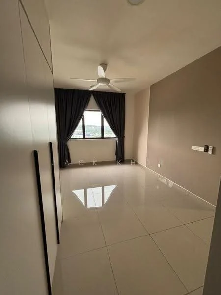 Bedroom features: white painted walls, grey accent wall, glossy tile flooring, floor-to-ceiling window, blackout curtains, 5-blade ceiling fan, built-in wardrobe with sliding doors, wall-mounted electrical outlets; style: modern; view: city.