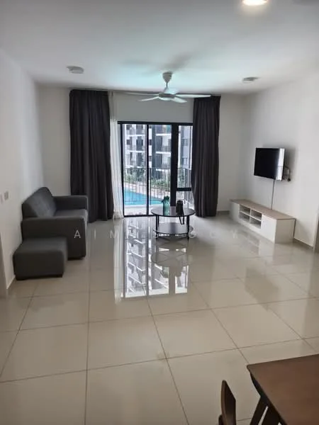 Living features: grey fabric sofa, 2-seater sofa, coffee table, wall-mounted TV, TV console with storage, floor-to-ceiling windows, sliding glass door, curtains, ceiling fan, recessed lighting, glossy tile flooring, white painted walls; style: modern; view: pool.