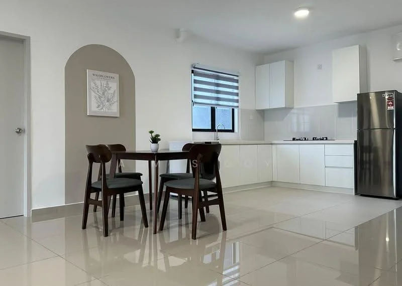 Kitchen features: white cabinetry, stainless-steel fridge, built-in gas stove, white countertop, ceramic tile backsplash, grey roller blinds, recessed downlights, polished tile flooring, dining table with four chairs; style: modern.