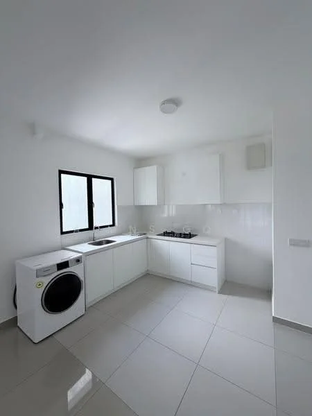 Kitchen features: white cabinetry, single-bowl stainless-steel sink, chrome pull-down faucet, built-in gas hob, built-in oven, white tiled backsplash, grey ceramic tile flooring, recessed ceiling lights, 2 windows with black frames, washing machine, countertop with storage drawers; style: modern.