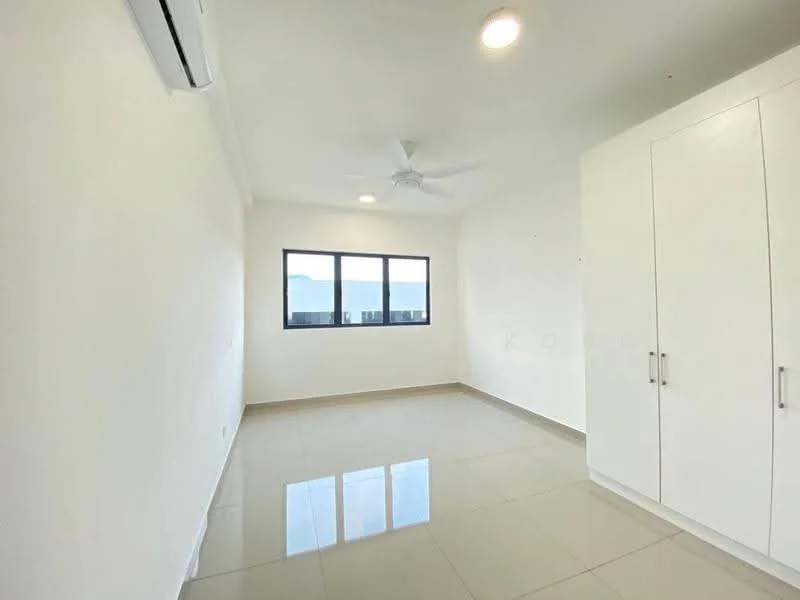 Room features: white painted walls, glossy ceramic tile flooring, 5-blade ceiling fan, 1 wall-mounted split AC, floor-to-ceiling windows, built-in wardrobe with sliding doors, neutral color palette, natural light from windows; style: modern; view: city.