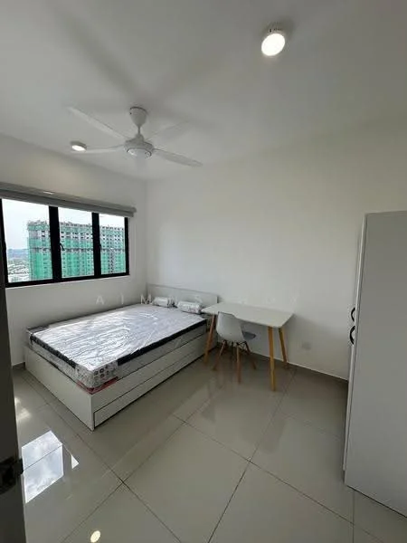 Bedroom features: queen-size bed, white bed frame, 2 bedside tables, study desk with wooden legs, white chair, floor-to-ceiling windows, grey curtains, ceiling fan with light, white painted walls, glossy tile flooring; style: modern; view: city.