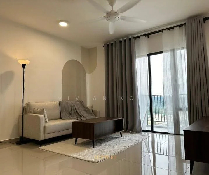 Living features: 3-seater fabric sofa in light grey, wood coffee table, floor lamp, area rug, floor-to-ceiling windows, sheer curtains, blackout curtains, white painted walls, glossy tile flooring, ceiling fan with light; style: modern; view: city.
