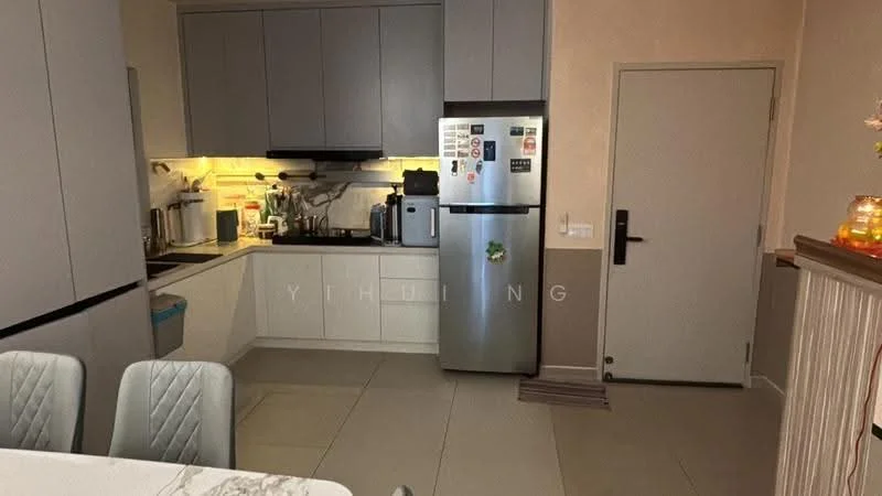 Kitchen features: grey cabinetry, white lower cabinets, stainless-steel fridge, built-in oven, ceramic tile flooring, white backsplash, single-bowl stainless-steel sink, chrome pull-down faucet, countertop with space for appliances, kitchen island with seating, wall-mounted cabinets, under-cabinet lighting; style: modern.