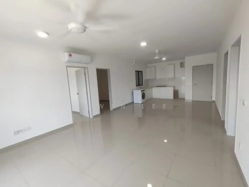 Living features: white painted walls, polished ceramic tile flooring, 5-blade ceiling fan with light, wall-mounted split AC, floor-to-ceiling windows, open layout to kitchen, neutral color scheme, recessed downlights; style: modern. Kitchen features: white cabinetry, stainless-steel fridge, built-in oven, freestanding range oven, single-bowl stainless-steel sink, chrome pull-down faucet, white quartz countertop, tile backsplash; style: modern.