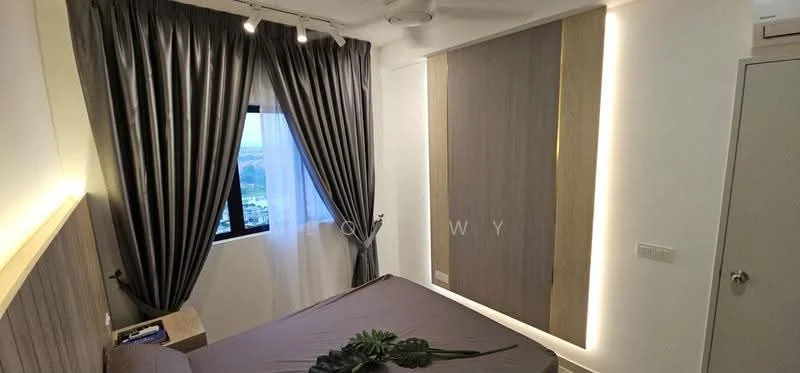 Bedroom features: queen-size bed, upholstered headboard, grey bedding, floor-to-ceiling window, blackout curtains, wood panel accent wall, recessed LED lighting, ceiling fan, nightstand, decorative plant; style: modern; view: city.