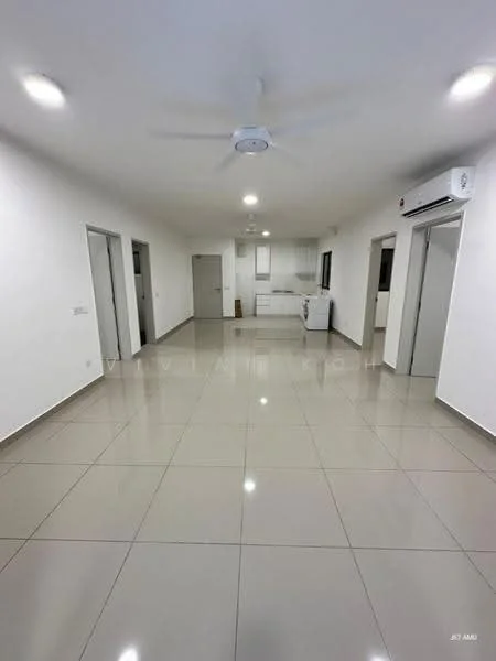 Living features: white painted walls, glossy ceramic tile flooring, recessed downlights, ceiling fan, air conditioning unit, open layout, multiple doorways, kitchen area visible in background; style: modern.