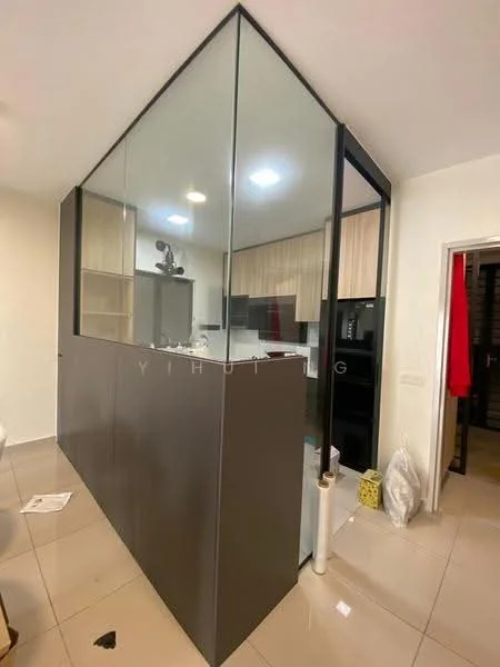 Kitchen features: glass partition wall, wood cabinetry in light tones, dark grey cabinetry, recessed LED downlights, ceramic tile flooring, built-in appliances, open layout, modern design; style: modern.