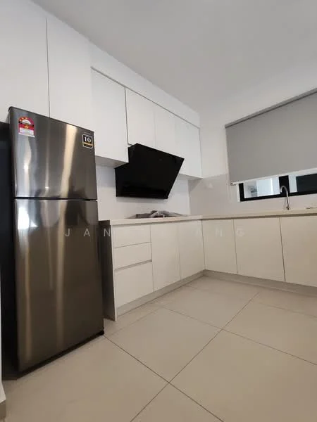 Kitchen features: stainless-steel fridge, white flat-panel cabinets, black wall-mounted range hood, ceramic tile flooring, white countertop, single-bowl stainless-steel sink, built-in gas hob, window with roller blinds; style: modern.