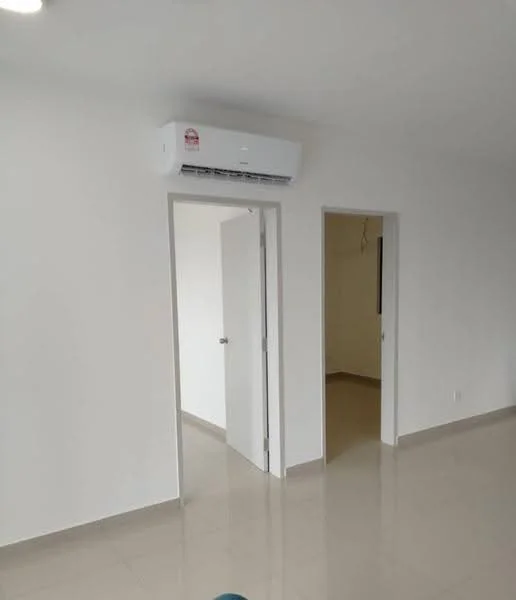 Room features: white painted walls, ceramic tile flooring, 1 wall-mounted split AC, doorway leading to another room, doorway leading to hallway, ceiling light fixture; style: modern.
