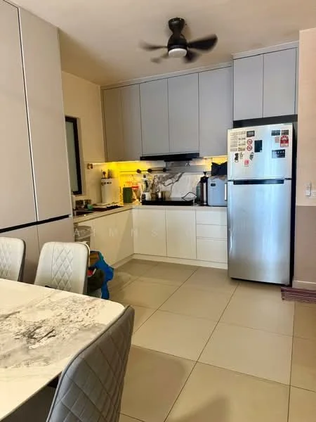 Kitchen features: grey cabinetry, white lower cabinets, marble countertop, stainless-steel fridge, built-in oven, 4-burner gas hob, single-bowl stainless-steel sink, chrome pull-down faucet, tile flooring, recessed downlights, ceiling fan, kitchen utensils visible, countertop appliances visible; style: modern.
