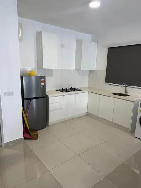 Kitchen features: white cabinetry, stainless-steel fridge, 4-burner gas hob, single-bowl stainless-steel sink, chrome pull-down faucet, white tiled backsplash, grey countertop, ceramic tile flooring, window with roller blinds, recessed downlights, washing machine, cleaning supplies, open shelving; style: modern.