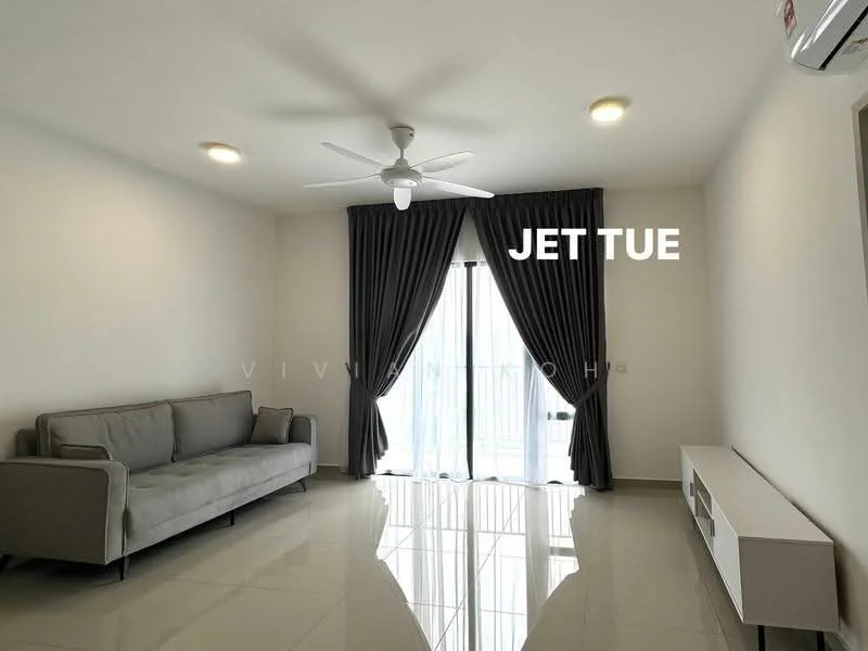 Living features: grey fabric sofa, white wall-mounted TV console, floor-to-ceiling windows, blackout curtains, 5-blade ceiling fan with light, recessed LED downlights, glossy tile flooring, air conditioning unit; style: modern.