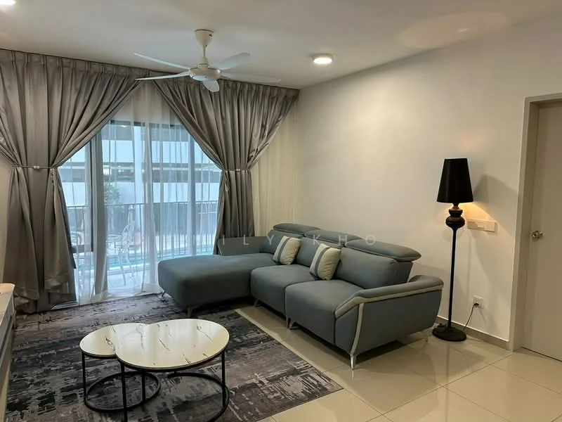 Living features: L-shape sectional sofa in light blue, 3 decorative cushions, coffee table with white top and metal legs, floor-to-ceiling windows, sheer curtains, dark grey curtains, ceiling fan with light, wall-mounted lamp, glossy tile flooring, neutral painted walls, area rug with abstract pattern; style: modern; view: garden.