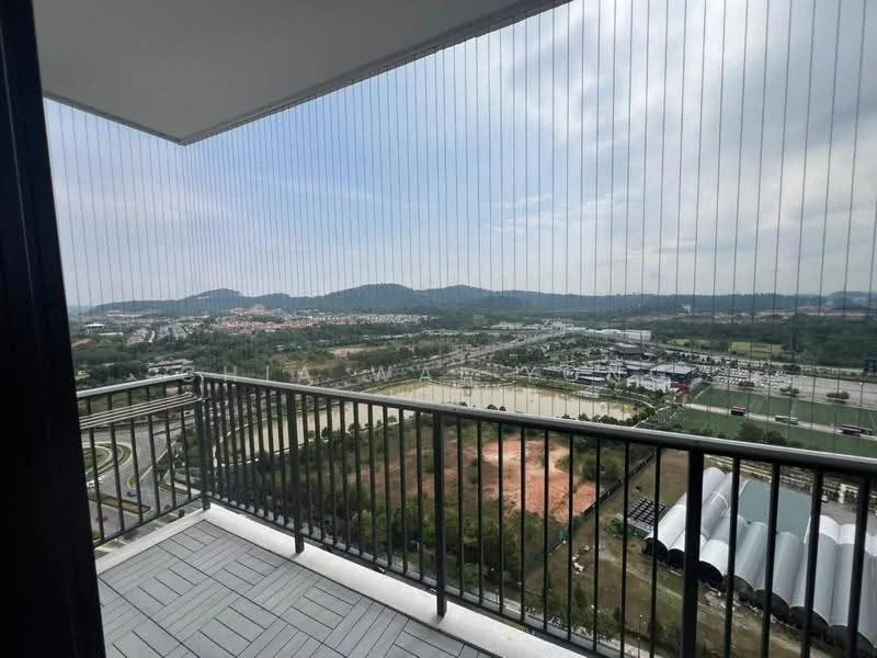 Room features: balcony with railing, floor-to-ceiling glass doors, outdoor flooring, city view, mountain view, screened enclosure; style: modern; view: city.