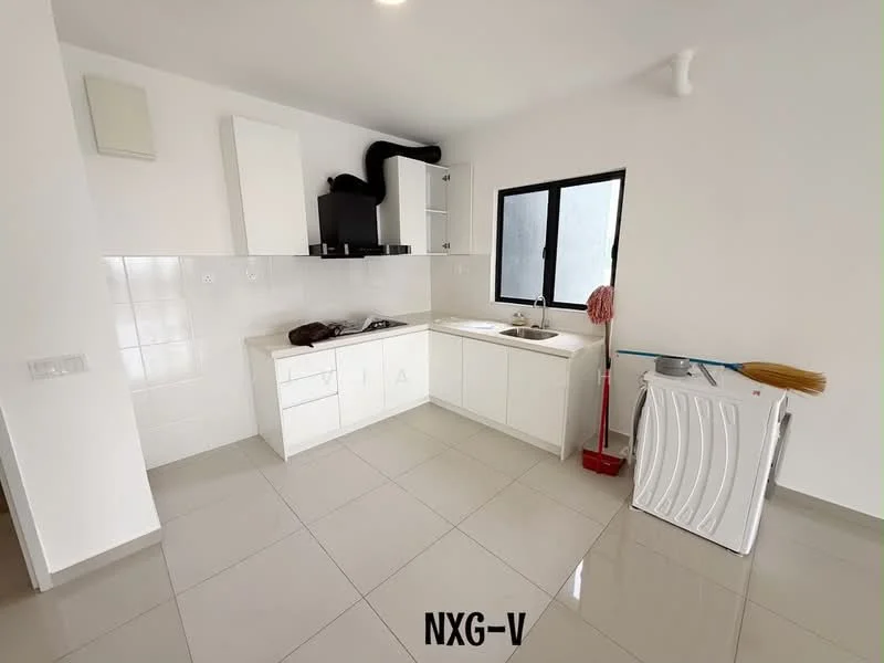 Kitchen features: white cabinetry, stainless-steel sink, chrome pull-down faucet, gas hob, exhaust hood, white tiled backsplash, grey tiled flooring, window with black frame, built-in countertop, washing machine, cleaning supplies, broom, mop; style: modern.