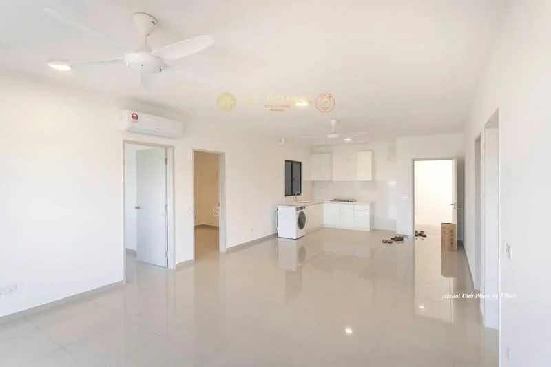 Living features: white painted walls, polished ceramic tile flooring, 5-blade ceiling fan with light, wall-mounted split AC, recessed downlights, open layout, kitchen area visible, laundry area with washing machine, doorway to other rooms, natural light from windows; style: modern.