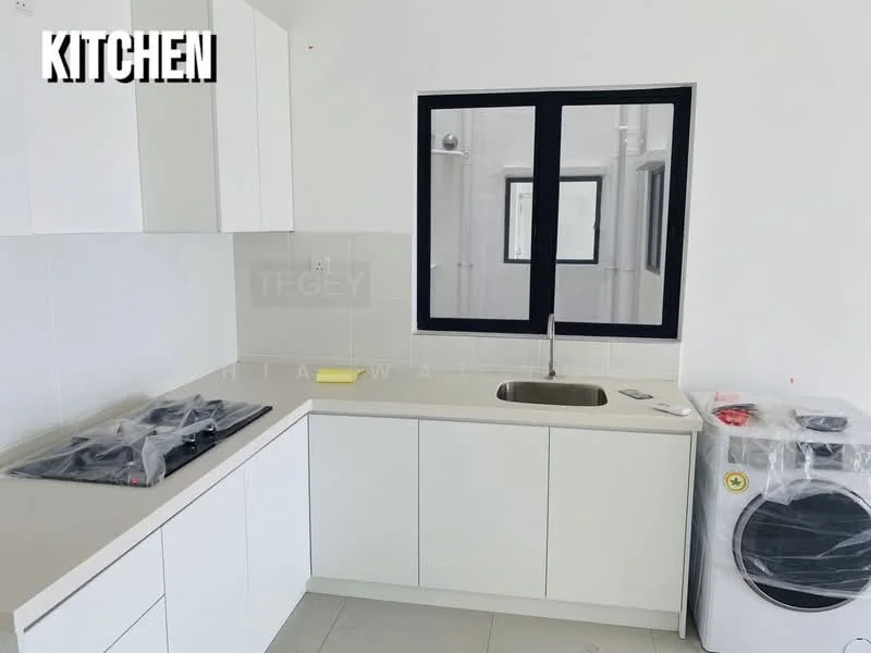 Kitchen features: white shaker cabinets, single-bowl stainless-steel sink, chrome pull-down faucet, white countertop, built-in gas hob, wall-mounted extractor hood, ceramic tile backsplash, washing machine, floor-to-ceiling window, grey tiled flooring; style: modern.