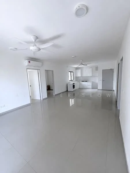 Living features: white painted walls, polished tile flooring, 5-blade ceiling fan with light, wall-mounted split AC, door leading to another room, open layout to kitchen, large window for natural light, recessed lighting; style: modern.