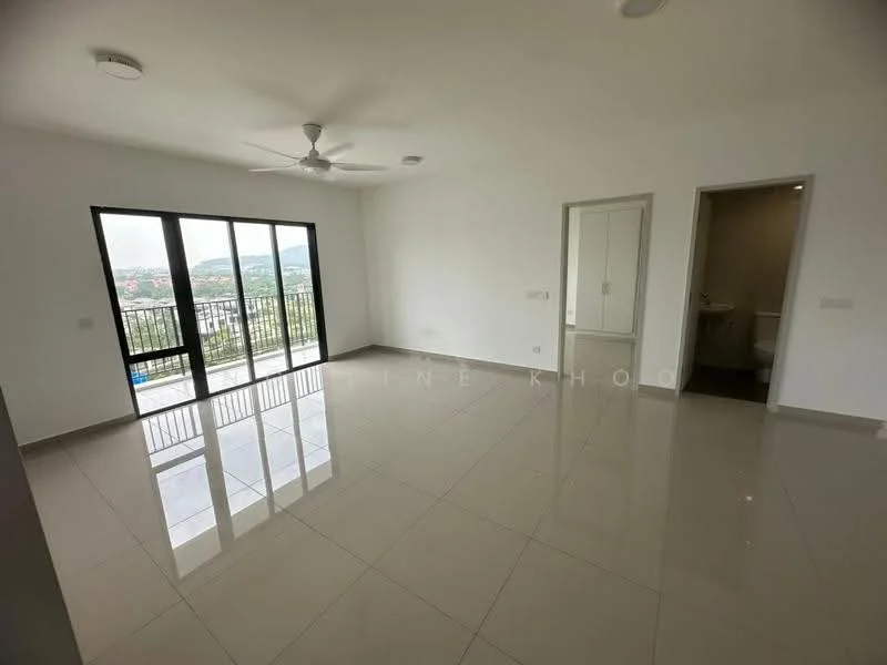 Living features: white painted walls, glossy ceramic tile flooring, 5-blade ceiling fan with light, floor-to-ceiling windows, sliding glass door, balcony access, recessed downlights, neutral color scheme; style: modern; view: city. Room features: white painted walls, glossy ceramic tile flooring, doorway to bathroom, doorway to bedroom.