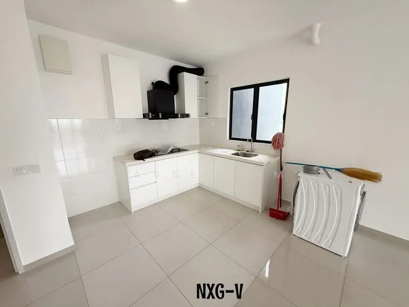 Kitchen features: white cabinetry, single-bowl stainless-steel sink, chrome pull-down faucet, white tiled backsplash, built-in gas hob, exhaust hood, grey countertop, ceramic tile flooring, window with black frame, laundry area with washing machine, mop and broom, open layout; style: modern.