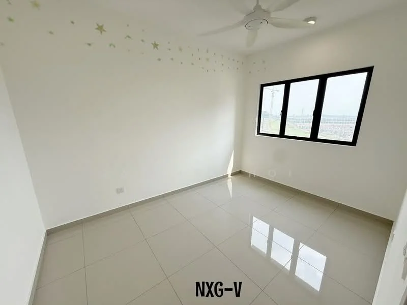 Room features: white painted walls, glossy ceramic tile flooring, 5-blade ceiling fan, floor-to-ceiling windows, natural light from window, view of outdoor area, minimalist decor, no visible furniture; style: modern; view: garden.