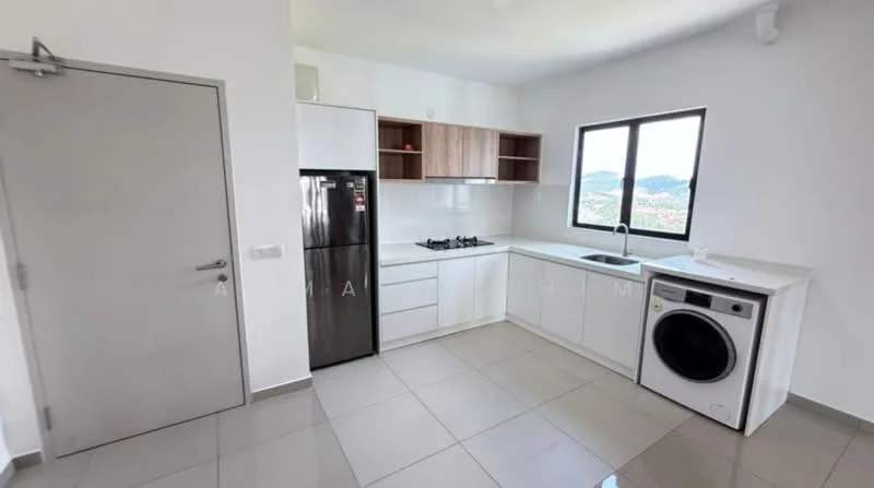 Kitchen features: white cabinetry, wooden upper cabinets, black refrigerator, built-in gas hob, single-bowl stainless-steel sink, chrome pull-down faucet, white countertop, grey tiled flooring, window with mountain view, washing machine, open layout; style: modern; view: mountain.