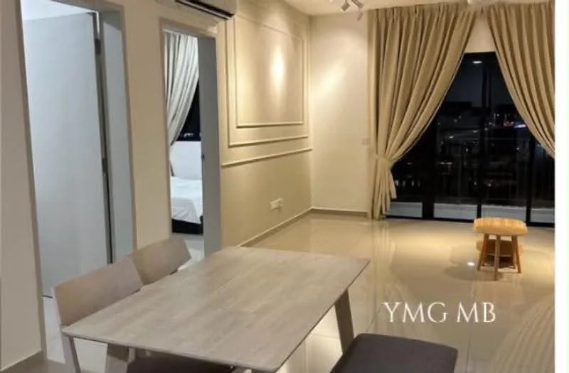 Dining features: light wood dining table, 4 grey upholstered dining chairs, cream painted walls, glossy tile flooring, recessed downlights, floor-to-ceiling windows, sheer curtains, view of city skyline; style: modern; view: city. Room features: white walls, grey accent wall, sliding glass door.