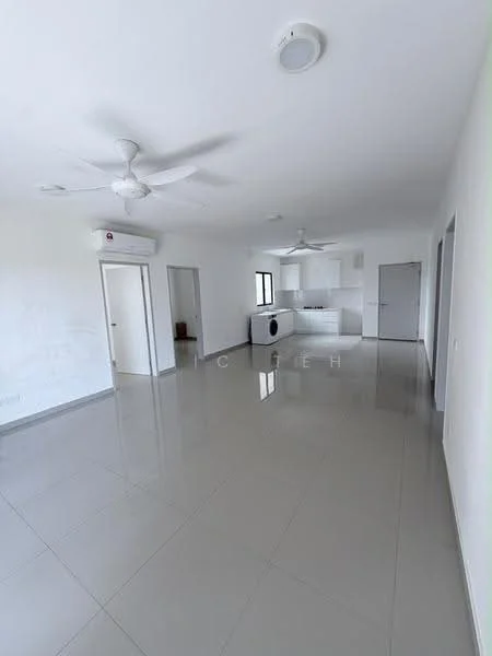 Living features: white painted walls, glossy ceramic tile flooring, 5-blade ceiling fan, wall-mounted split AC, large window with city view, open layout to kitchen, neutral color scheme, recessed downlights; style: modern; view: city. Kitchen features: white cabinetry, countertop with breakfast bar, built-in washing machine, open layout to living area; style: modern.
